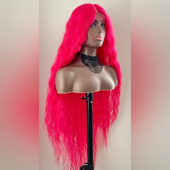 Long Gorgeous Hot Pink Premium Fiber Lace Front Wig for Costumes & Events - Picture 3 of 6
